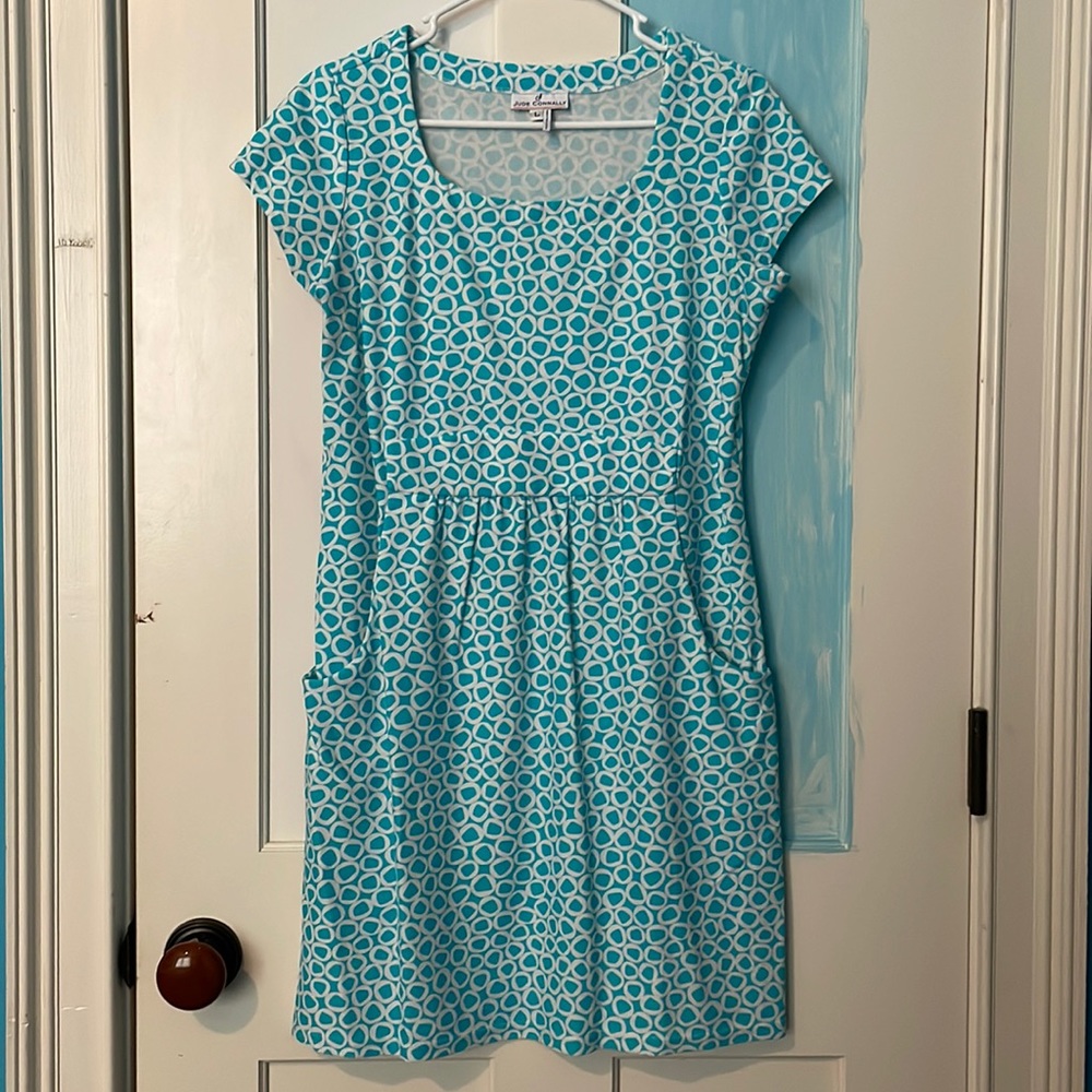 Jude Connally short sleeved dress turquoise and white size large